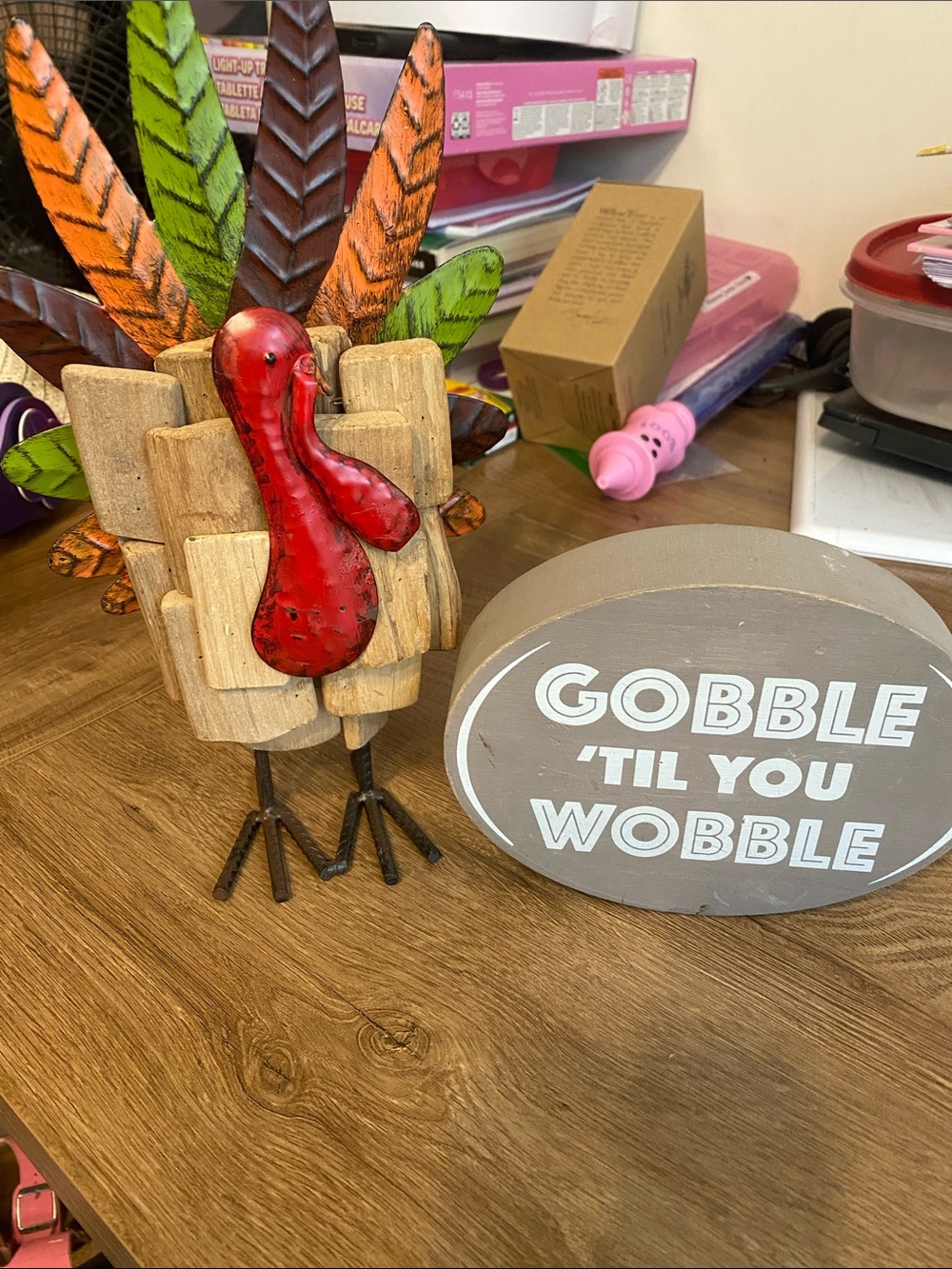 T.J.Maxx Wooden Turkey Tabletop Decor with Red and Multicolor Feathers